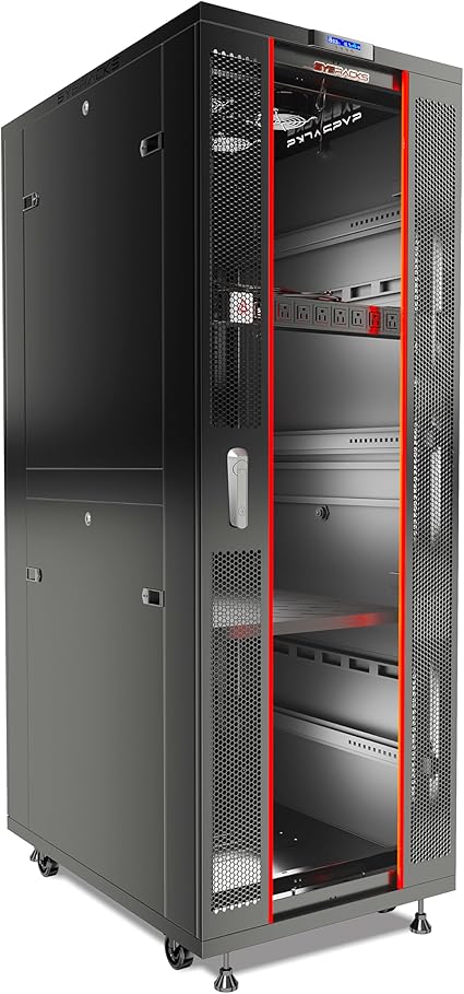 Sysracks 42U IT Data Network Freestanding Server Cabinet Computer Case - Over 150 Dollars Accessories Included - Powerbar, Cooling System, LCD Screen, Wheels, Shelf and More