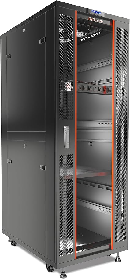 Sysracks 42U Server Rack Cabinet Enclosure Data Network Free Standing Locking with Wheels - LCD Screen - 4 Cooling Fans - Thermostat - Power Bar - Shelf - Casters